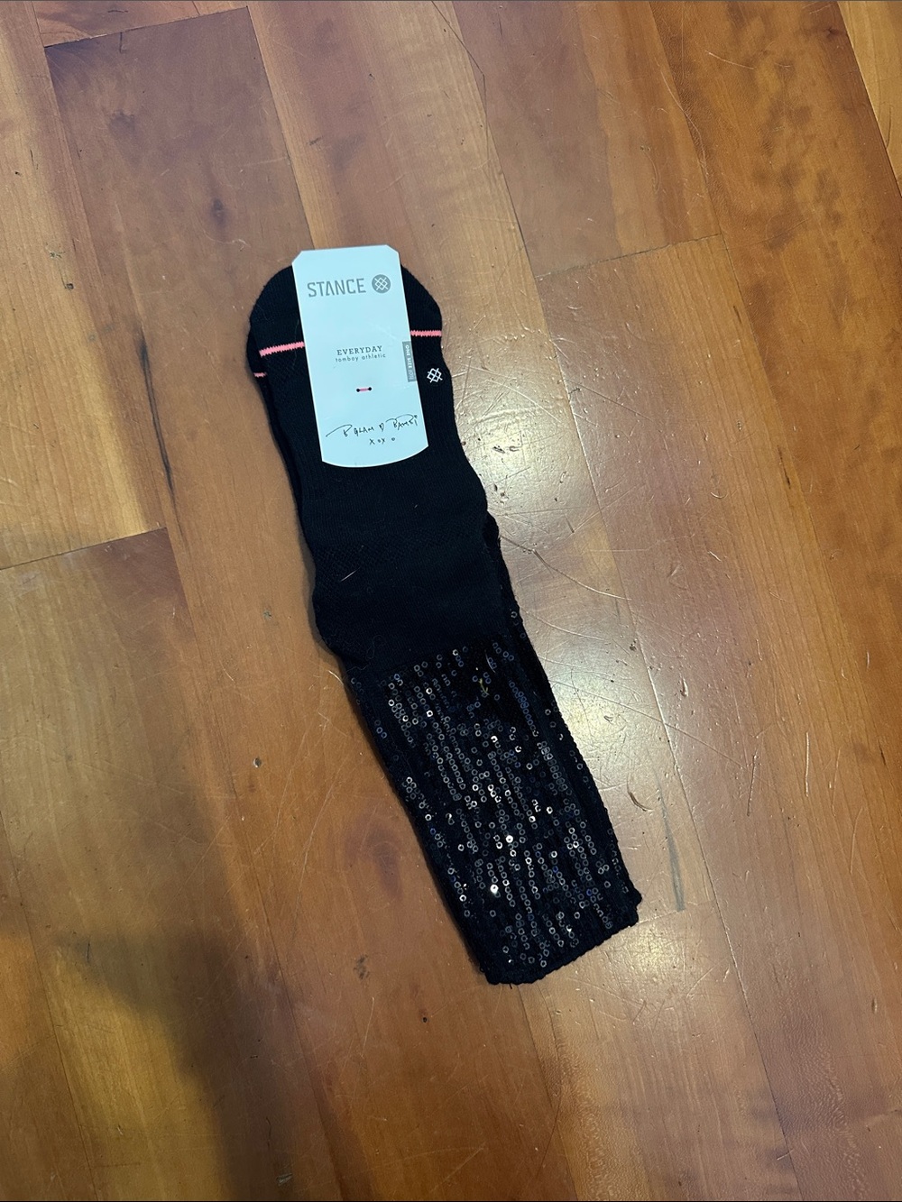Stance Black Crew Socks with Pink Trim and Sequin Accent